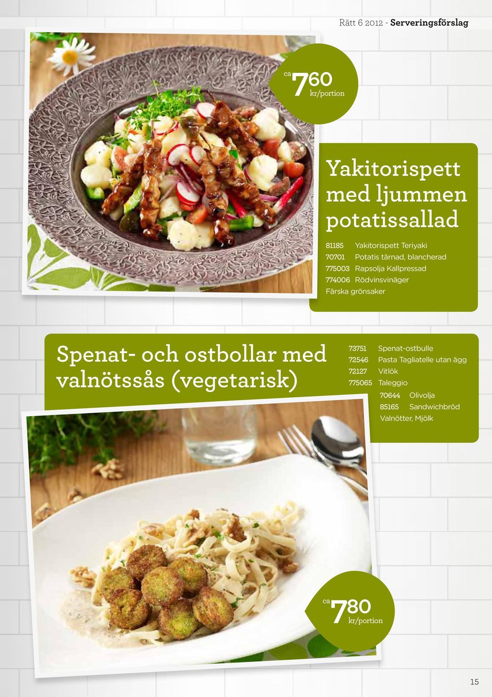 Färska grönsaker Spenat- och ostbollar med valnötssås (vegetarisk) 73751 Spenat-ostbulle 72546 Pasta
