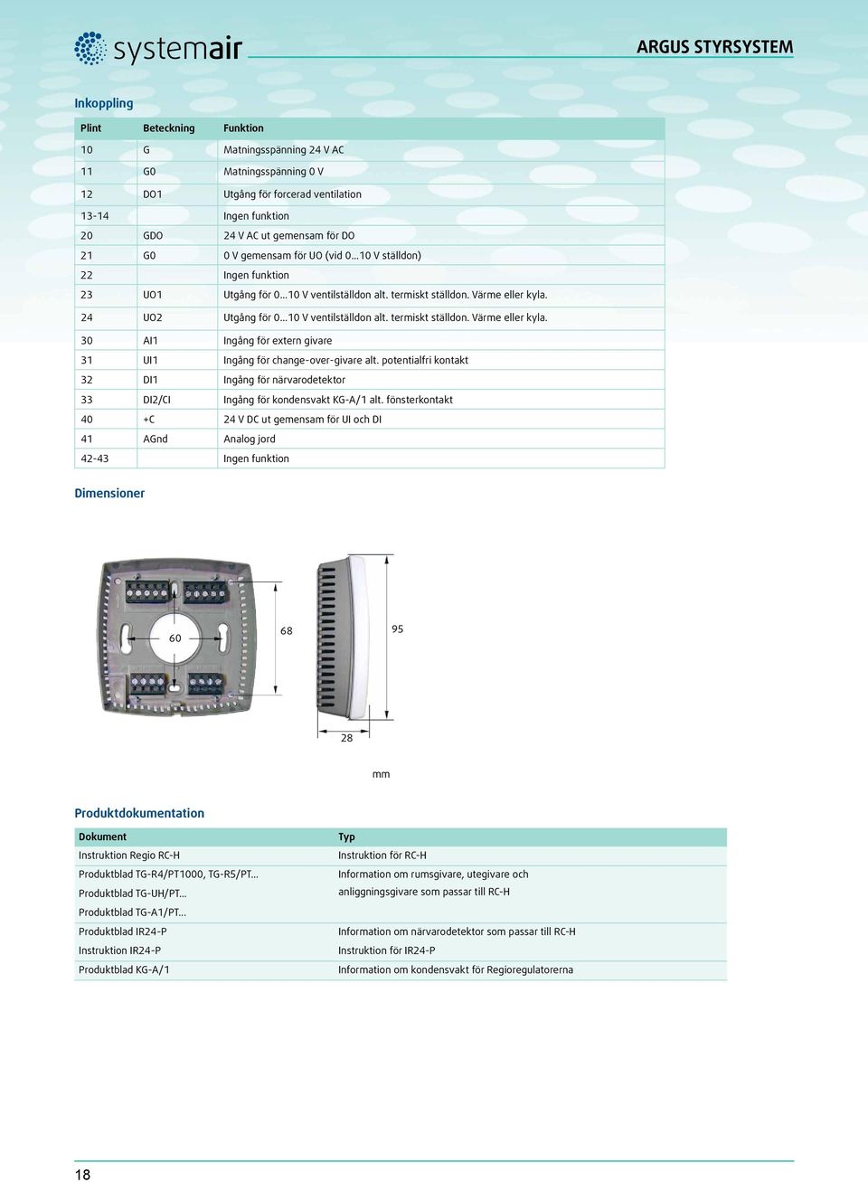 24 UO2 Utgång för 0...10 V ventilställdon alt. termiskt ställdon. Värme eller kyla. 30 AI1 Ingång för extern givare 31 UI1 Ingång för change-over-givare alt.