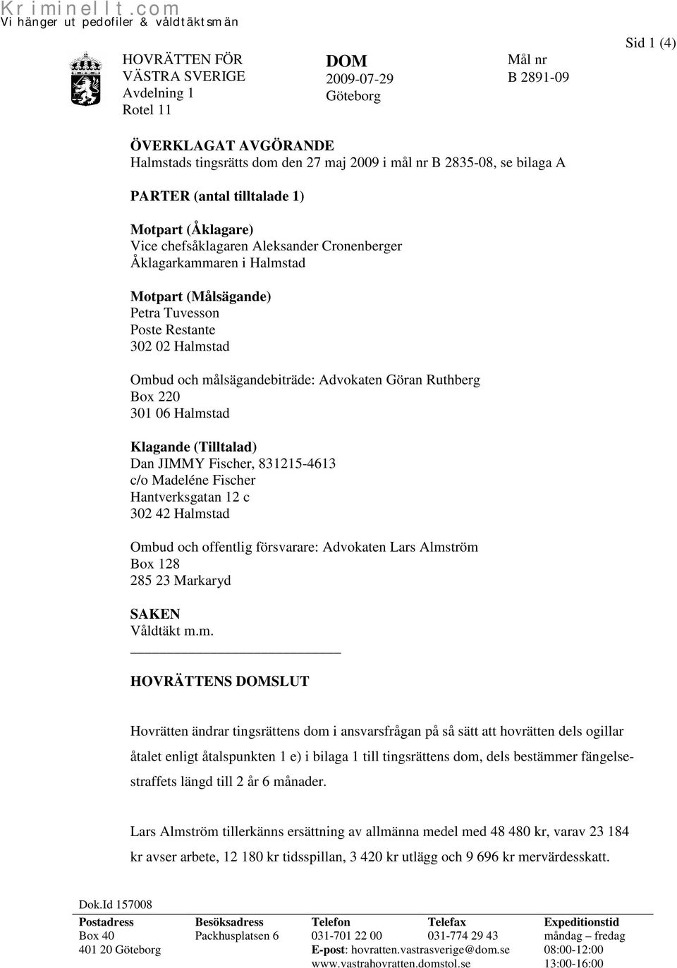 Klagande (Tilltalad) Dan JIMMY Fischer, 831215-4613 c/o Madeléne Fischer Hantverksgatan 12 c 302 42 Halmstad Ombud och offentlig försvarare: Advokaten Lars Almström Box 128 285 23 Markaryd SAKEN