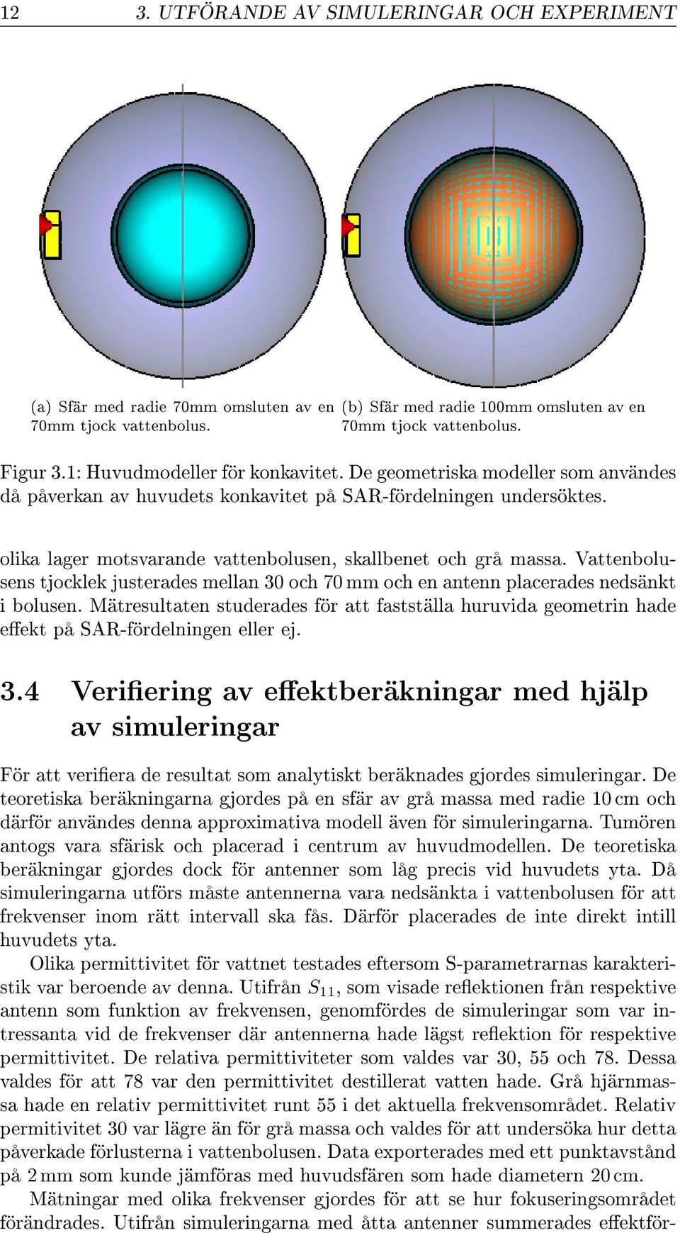 olika lager motsvarande vattenbolusen, skallbenet och grå massa. Vattenbolusens tjocklek justerades mellan 30 och 70 mm och en antenn placerades nedsänkt i bolusen.
