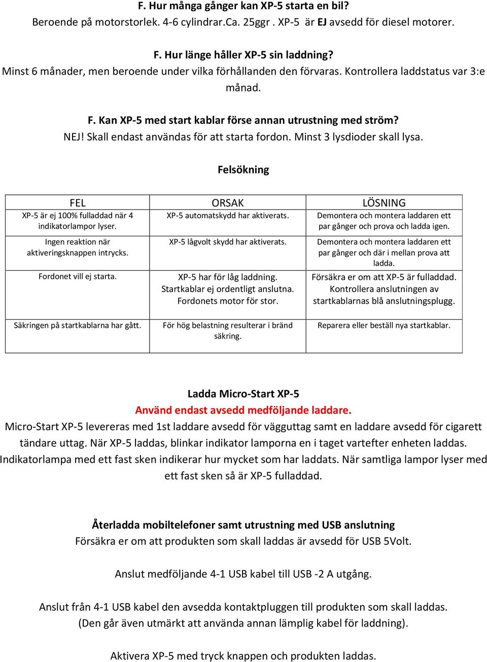 Skall endast användas för att starta fordon. Minst 3 lysdioder skall lysa. Felsökning FEL ORSAK LÖSNING XP-5 är ej 100% fulladdad när 4 indikatorlampor lyser.
