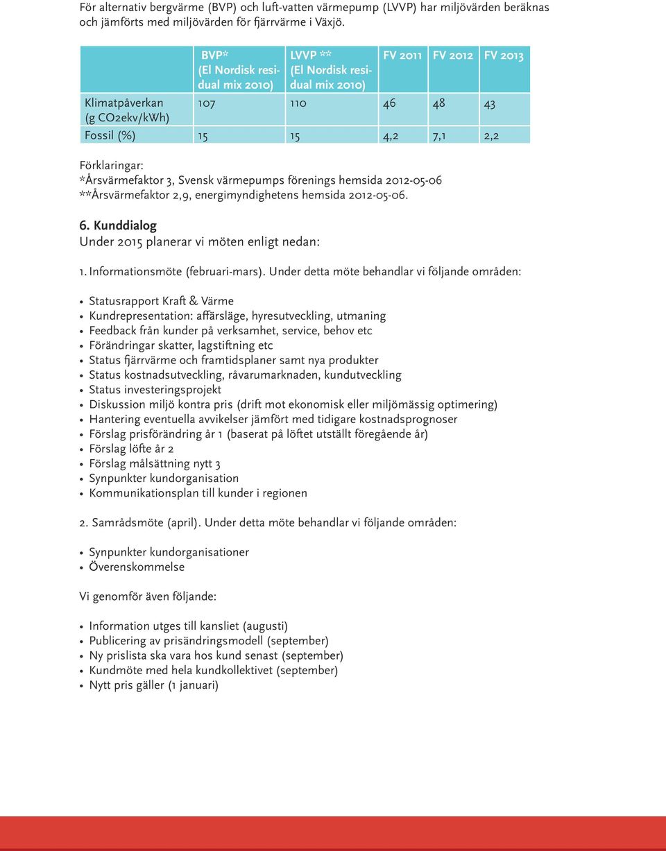 *Årsvärmefaktor 3, Svensk värmepumps förenings hemsida 2012-05-06 **Årsvärmefaktor 2,9, energimyndighetens hemsida 2012-05-06. 6. Kunddialog Under 2015 planerar vi möten enligt nedan: 1.