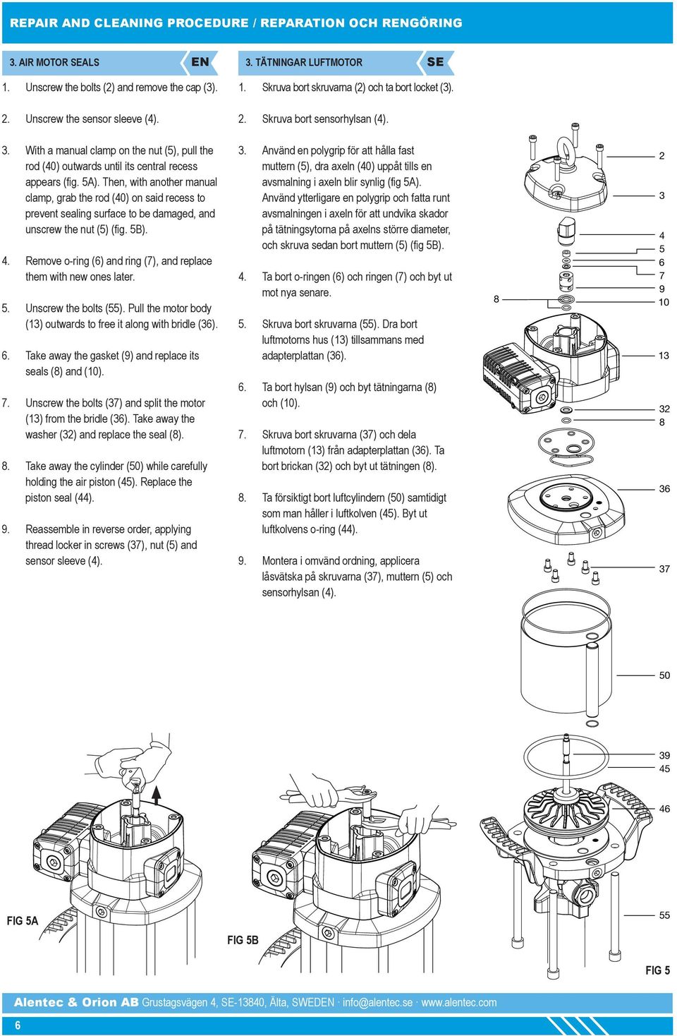 Then, with another manual clamp, grab the rod (40) on said recess to prevent sealing surface to be damaged, and unscrew the nut (5) (fig. 5B). 4.