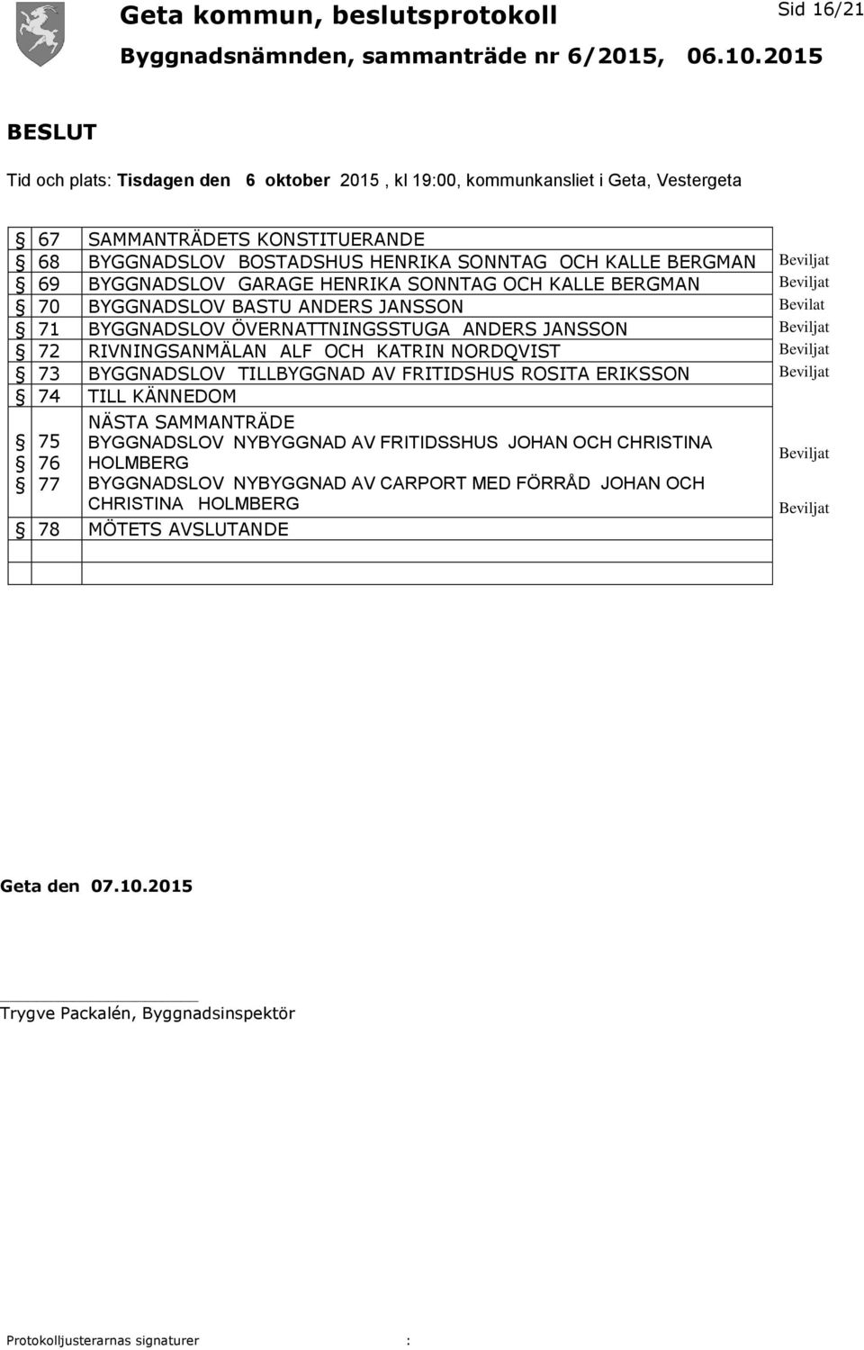 RIVNINGSANMÄLAN ALF OCH KATRIN NORDQVIST Beviljat 73 BYGGNADSLOV TILLBYGGNAD AV FRITIDSHUS ROSITA ERIKSSON Beviljat 74 TILL KÄNNEDOM 75 76 77 NÄSTA SAMMANTRÄDE BYGGNADSLOV NYBYGGNAD AV