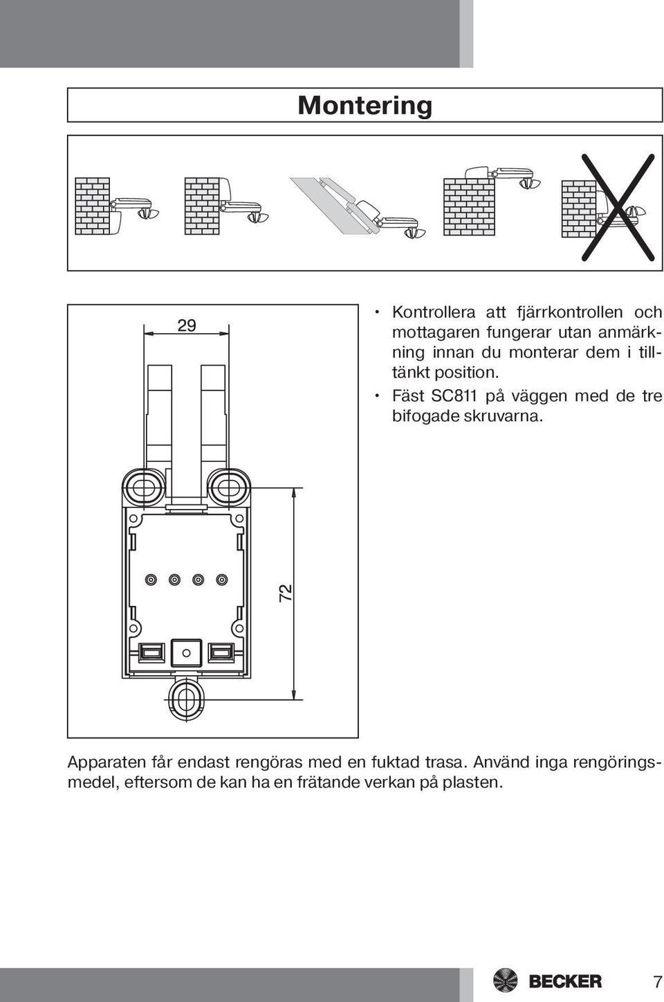 Fäst SC811 på väggen med de tre bifogade skruvarna.