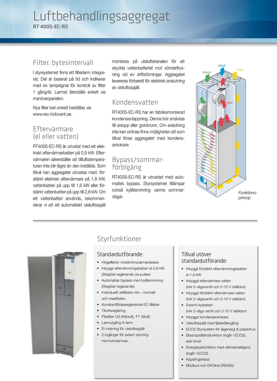 Eftervärmare (el eller vatten) RT4S-EC-RS är utrustat med ett elektriskt eftervärmarbatteri på,9 kw. Eftervärmaren säkerställer att tillluftstemperaturen inte blir lägre än den inställda.