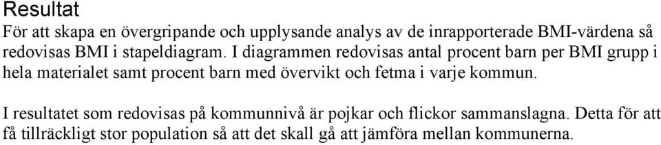 I diagrammen redovisas antal procent barn per BMI grupp i hela materialet samt procent barn med övervikt