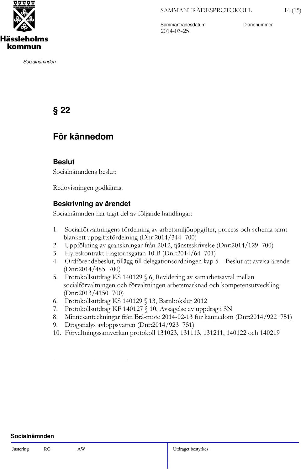 Uppföljning av granskningar från 2012, tjänsteskrivelse (Dnr:2014/129 700) 3. Hyreskontrakt Hagtornsgatan 10 B (Dnr:2014/64 701) 4.