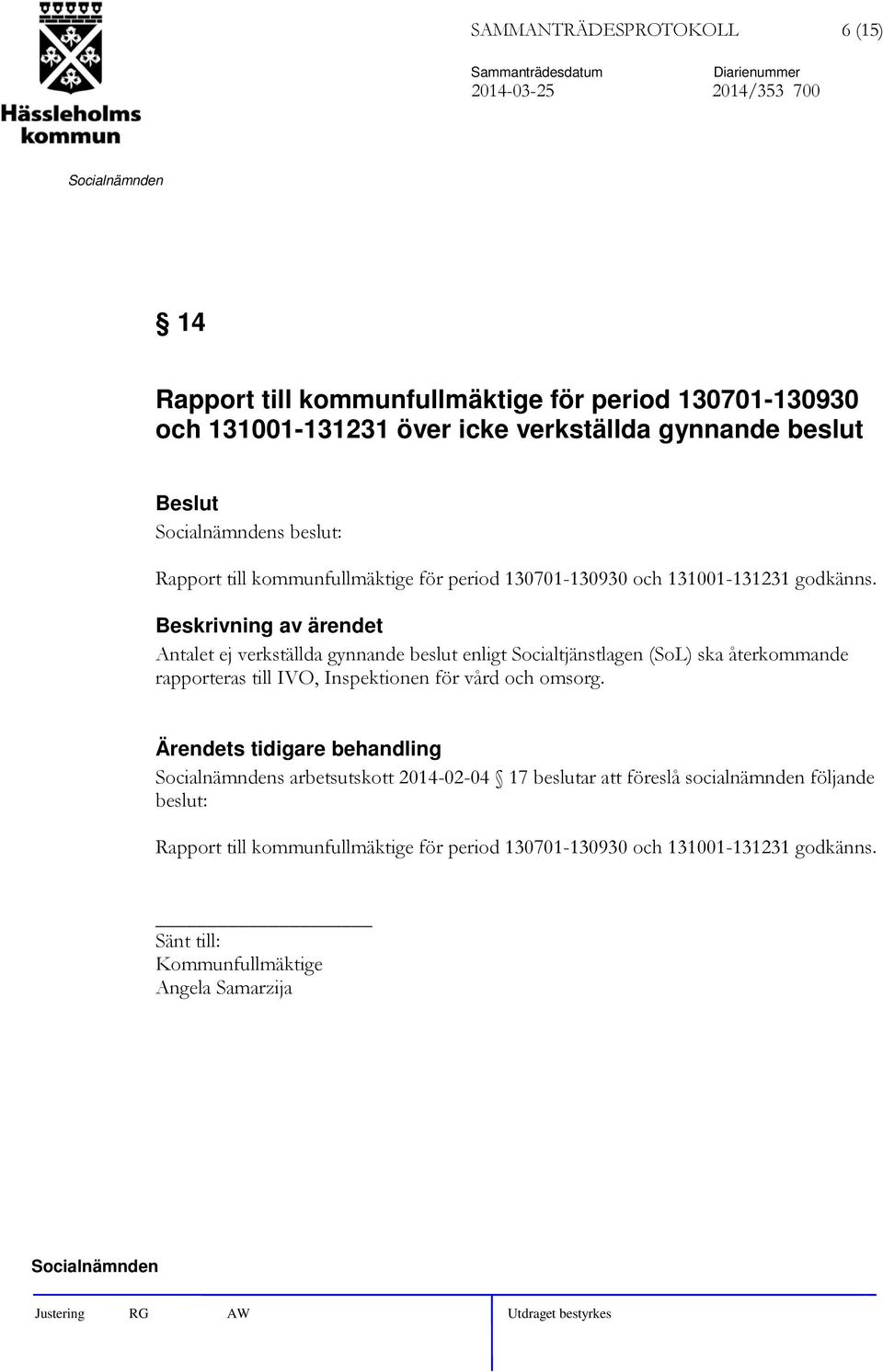 Antalet ej verkställda gynnande beslut enligt Socialtjänstlagen (SoL) ska återkommande rapporteras till IVO, Inspektionen för vård och omsorg.