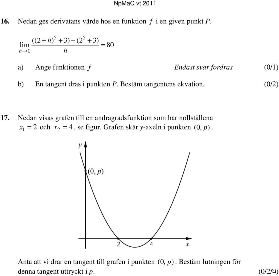 Bestäm tangentens ekvation. (0/2) 17.