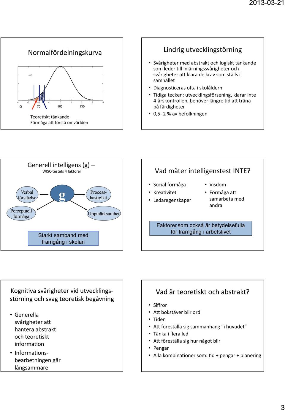 av befolkningen Verbal förståelse Perceptuell förmåga Generell intelligens (g) WISC- testets 4 faktorer g Starkt samband med framgång i skolan Processhastighet Uppmärksamhet Vad mäter intelligenstest