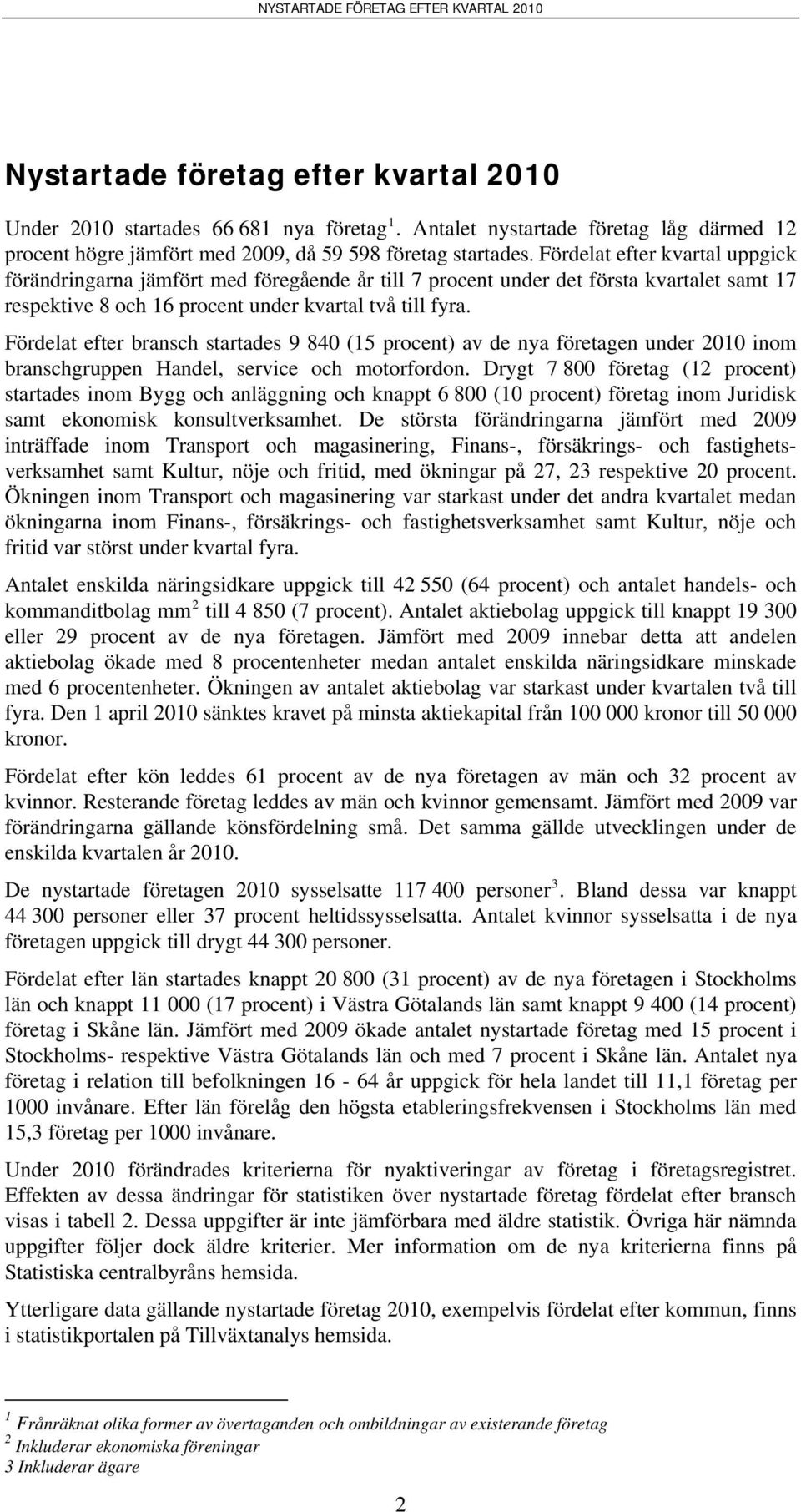 Fördelat efter bransch startades 9 840 (15 procent) av de nya företagen under 2010 inom branschgruppen Handel, service och motorfordon.