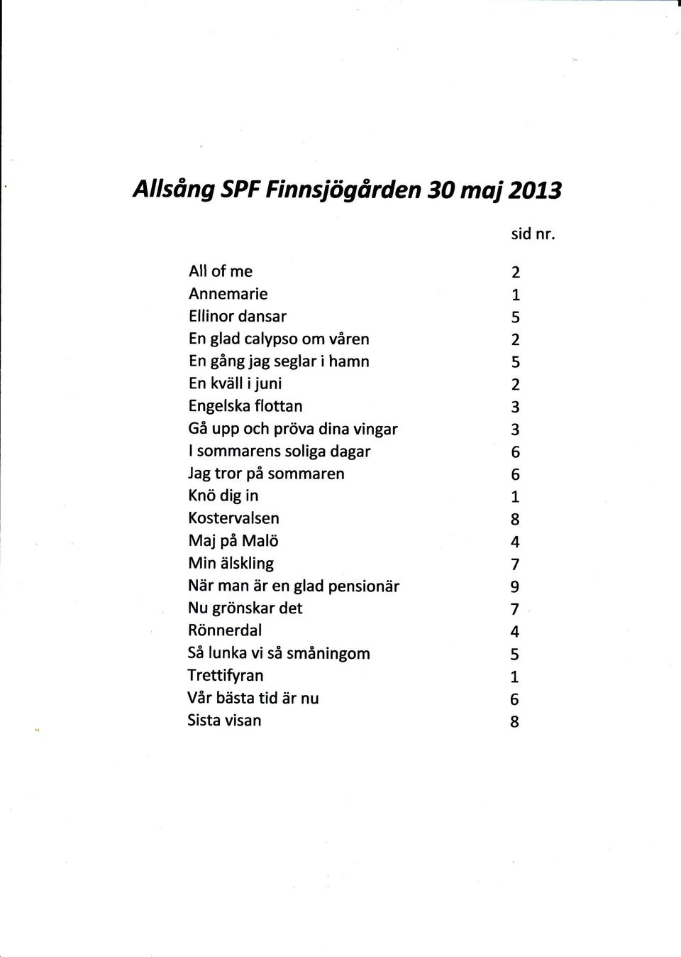 flottan Gå upp och pröva dina vingar I sommarens soliga dagar Jag tror på sommaren Knö dig in Kostervalsen Maj på