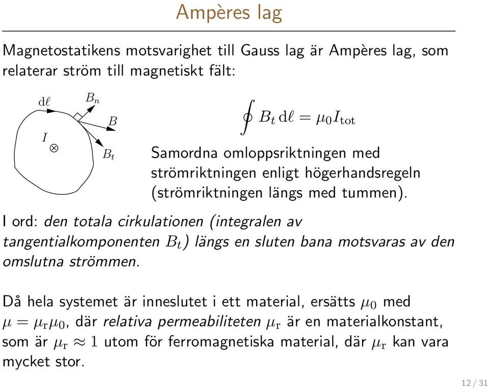 I ord: den totala cirkulationen (integralen av tangentialkomponenten B t ) längs en sluten bana motsvaras av den omslutna strömmen.