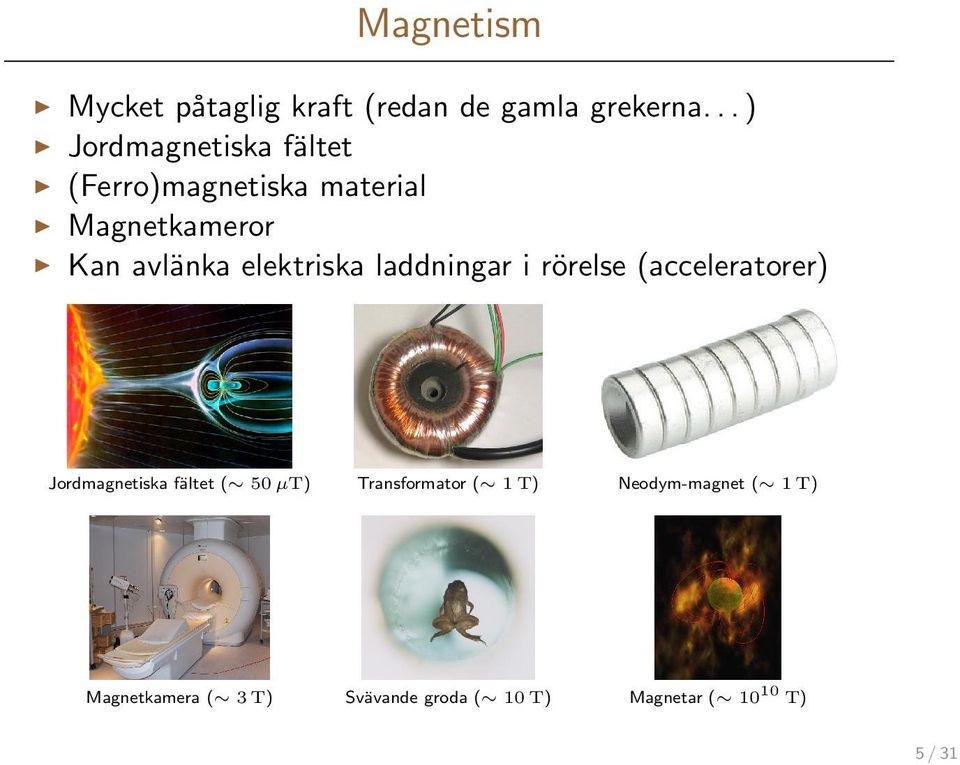 elektriska laddningar i rörelse (acceleratorer) Jordmagnetiska fältet ( 50 µt)