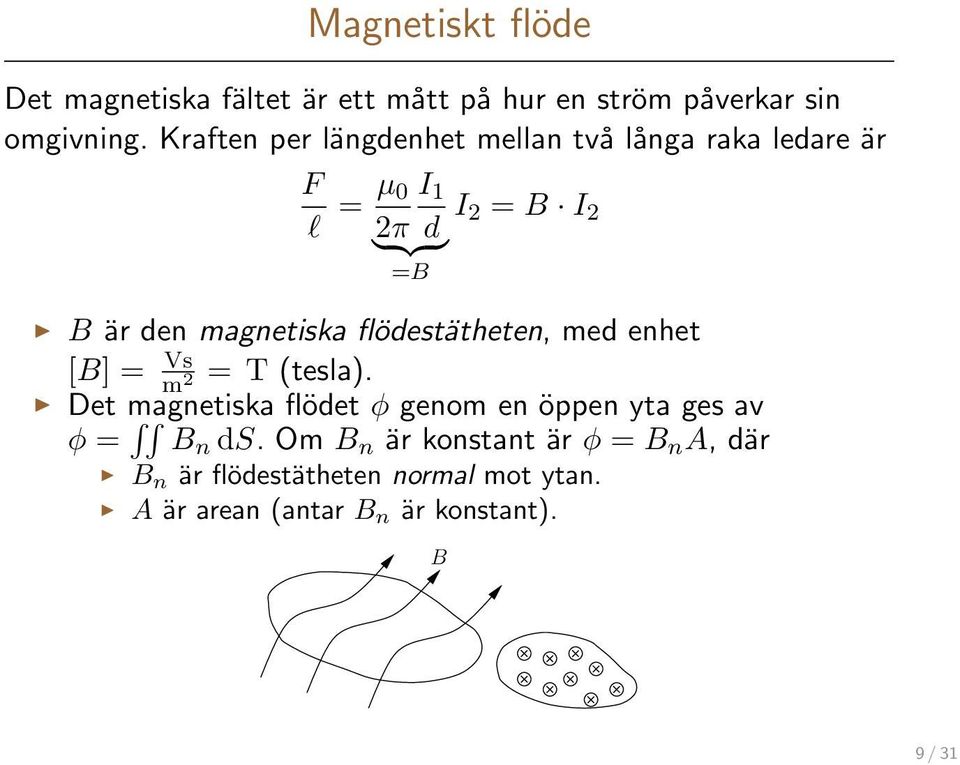 magnetiska flödestätheten, med enhet [B] = Vs = T (tesla).