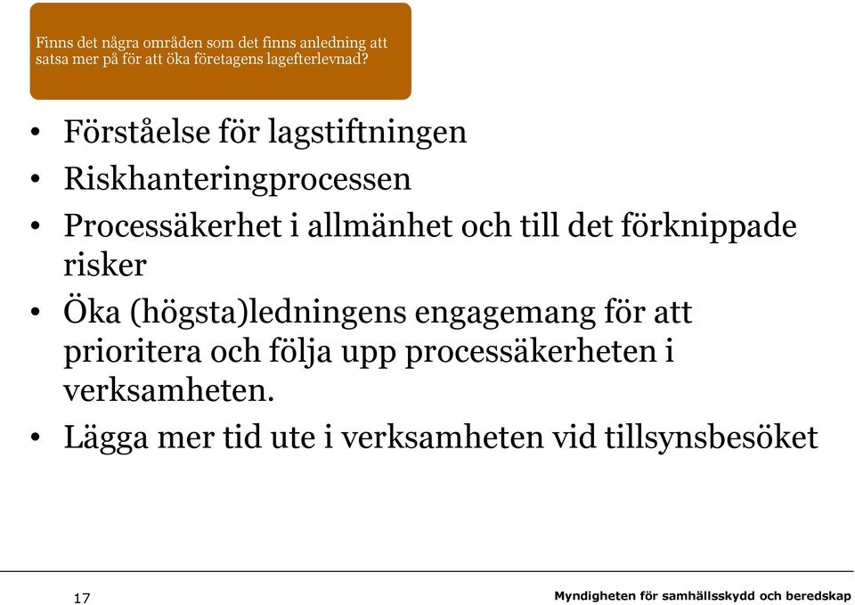 Förståelse för lagstiftningen Riskhanteringprocessen Processäkerhet i allmänhet och till det