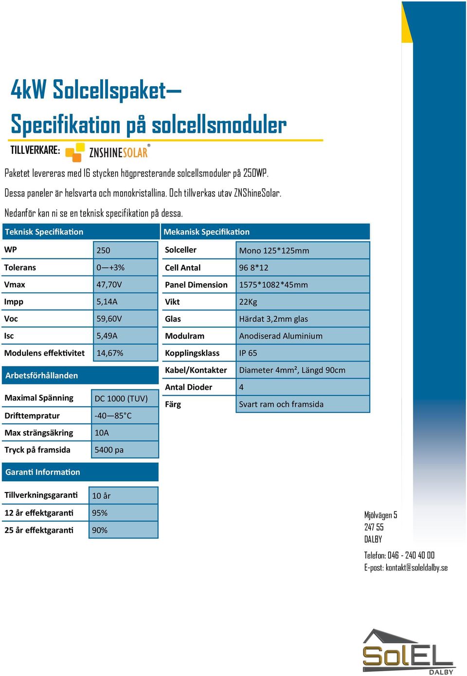 Teknisk Specifikation WP 250 Tolerans 0 +3% Vmax 47,70V Impp 5,14A Voc 59,60V Isc 5,49A Modulens effektivitet 14,67% Arbetsförhållanden Maximal Spänning DC 1000 (TUV) Drifttempratur -40 85 C Max