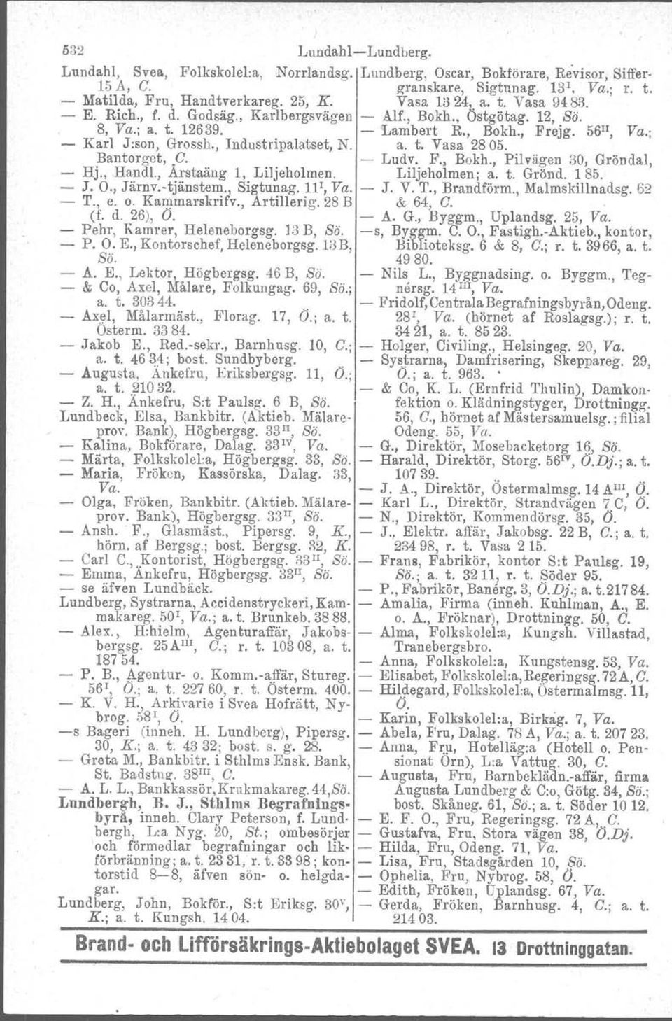 Bantorget,.G. Ludv, F., Bokh., Pilvägen 30, Gröndal, Hj., Hand!., Arstaäng 1, Liljeholmen. Liljeholmen; a. t. Grönd, 185. J. O., Järnv.tjänstem., Sigtunag. III, Va. J. V. T., Brandförrn.