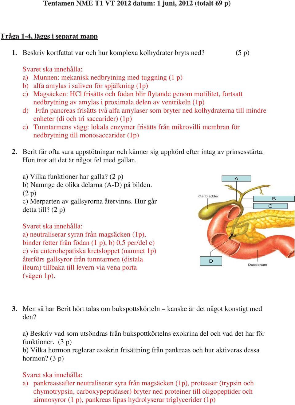 fortsatt nedbrytning av amylas i proximala delen av ventrikeln (1p) d) Från pancreas frisätts två alfa amylaser som bryter ned kolhydraterna till mindre enheter (di och tri saccarider) (1p) e)