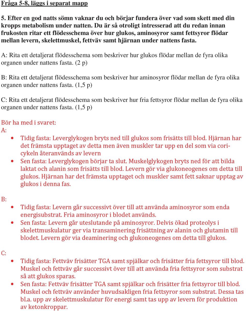 under nattens fasta. A: Rita ett detaljerat flödesschema som beskriver hur glukos flödar mellan de fyra olika organen under nattens fasta.