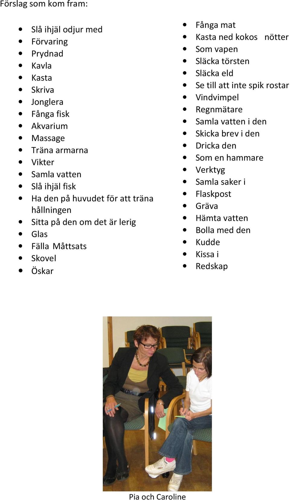 mat Kasta ned kokos nötter Som vapen Släcka törsten Släcka eld Se till att inte spik rostar Vindvimpel Regnmätare Samla vatten i den