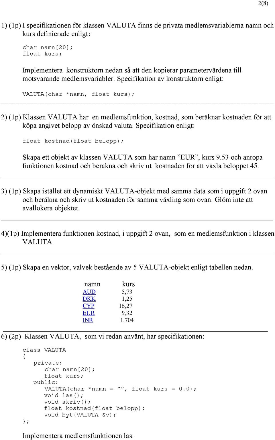 Specifikation av konstruktorn enligt: VALUTA(char *namn, float kurs); 2) (1p) Klassen VALUTA har en medlemsfunktion, kostnad, som beräknar kostnaden för att köpa angivet belopp av önskad valuta.