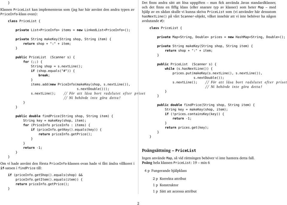 (vi använder här dessutom hasnextline() på vårt Scanner-objekt, vilket innebär att vi inte behöver ha någon avslutande #): class PriceList { private String makekey(string shop, String item) { return