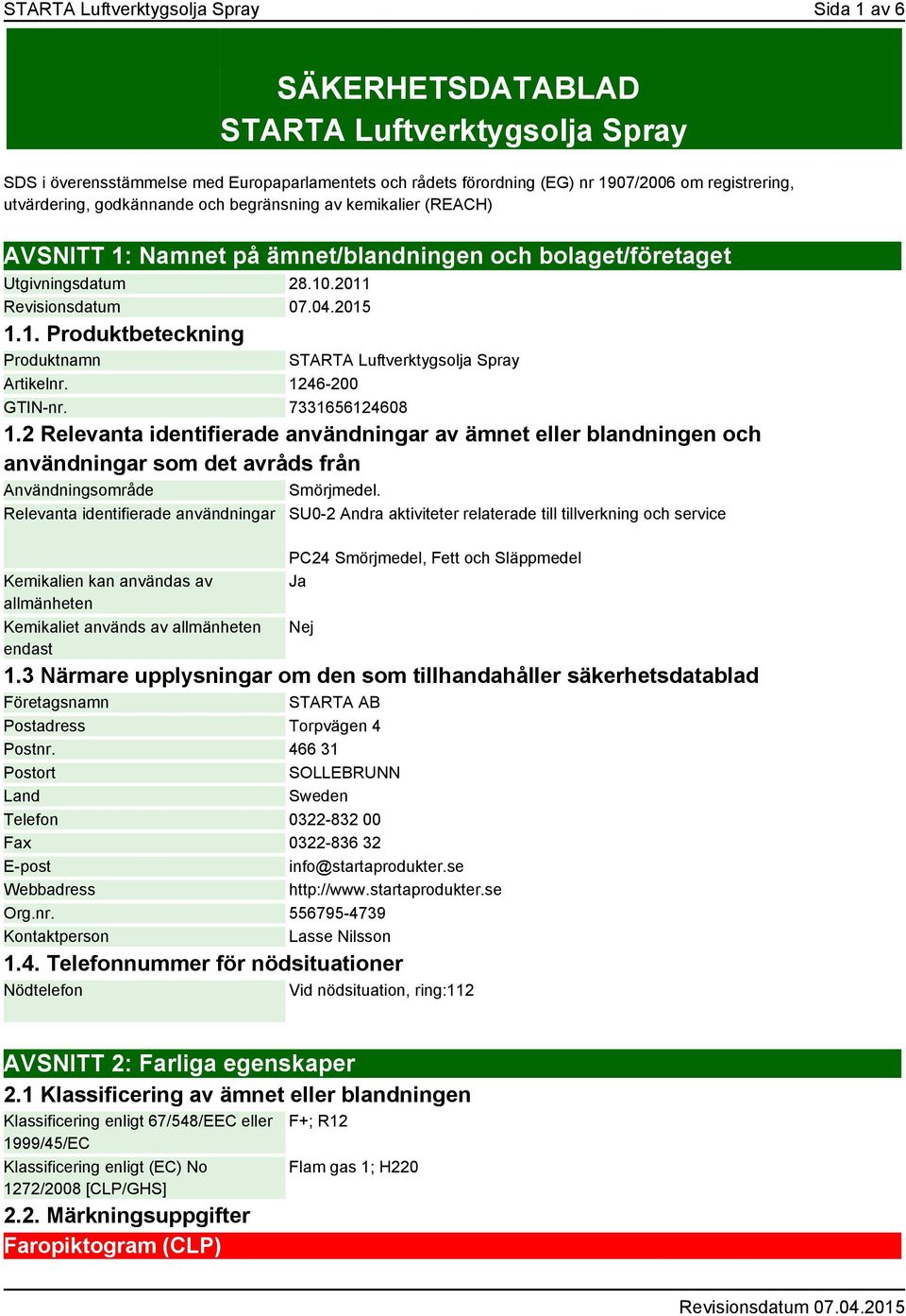 1246-200 GTIN-nr. 7331656124608 1.2 Relevanta identifierade användningar av ämnet eller blandningen och användningar som det avråds från Användningsområde Smörjmedel.