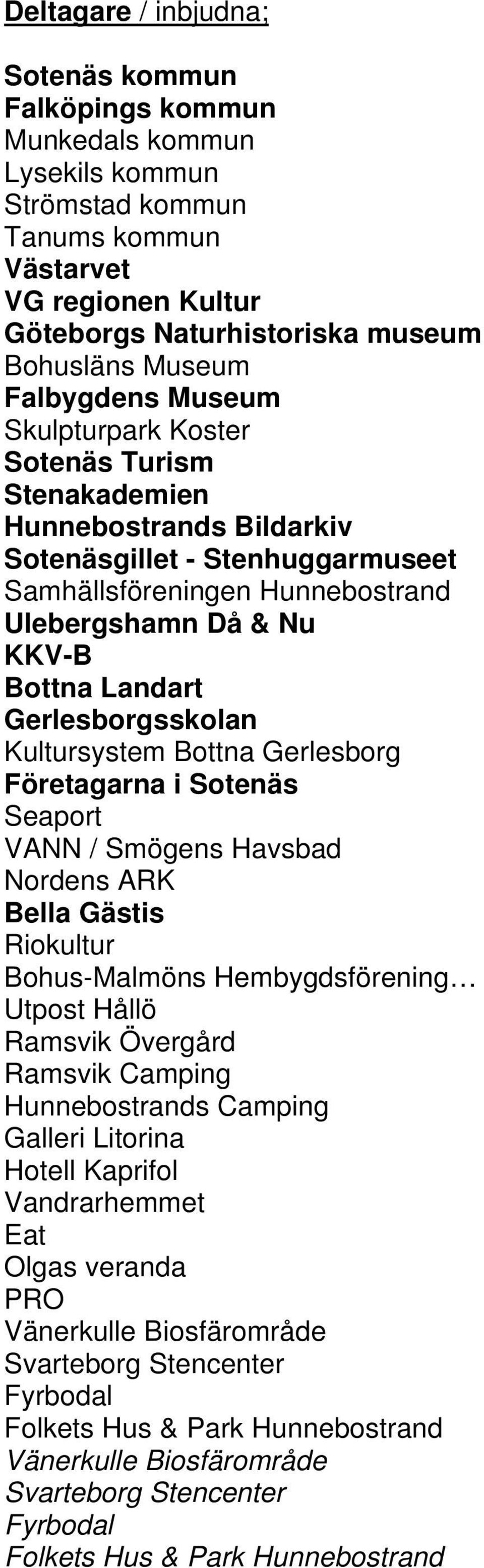Gerlesborgsskolan Kultursystem Bottna Gerlesborg Företagarna i Sotenäs Seaport VANN / Smögens Havsbad Nordens ARK Bella Gästis Riokultur Bohus-Malmöns Hembygdsförening Utpost Hållö Ramsvik Övergård
