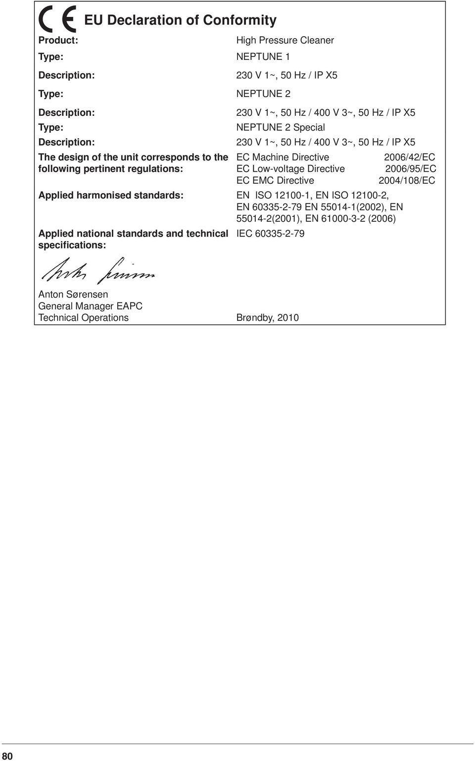 Machine Directive EC Low-voltage Directive EC EMC Directive Applied harmonised standards: EN ISO 121-1, EN ISO 121-2, EN 6335-2-79 EN 5514-1(22), EN 5514-2(21), EN