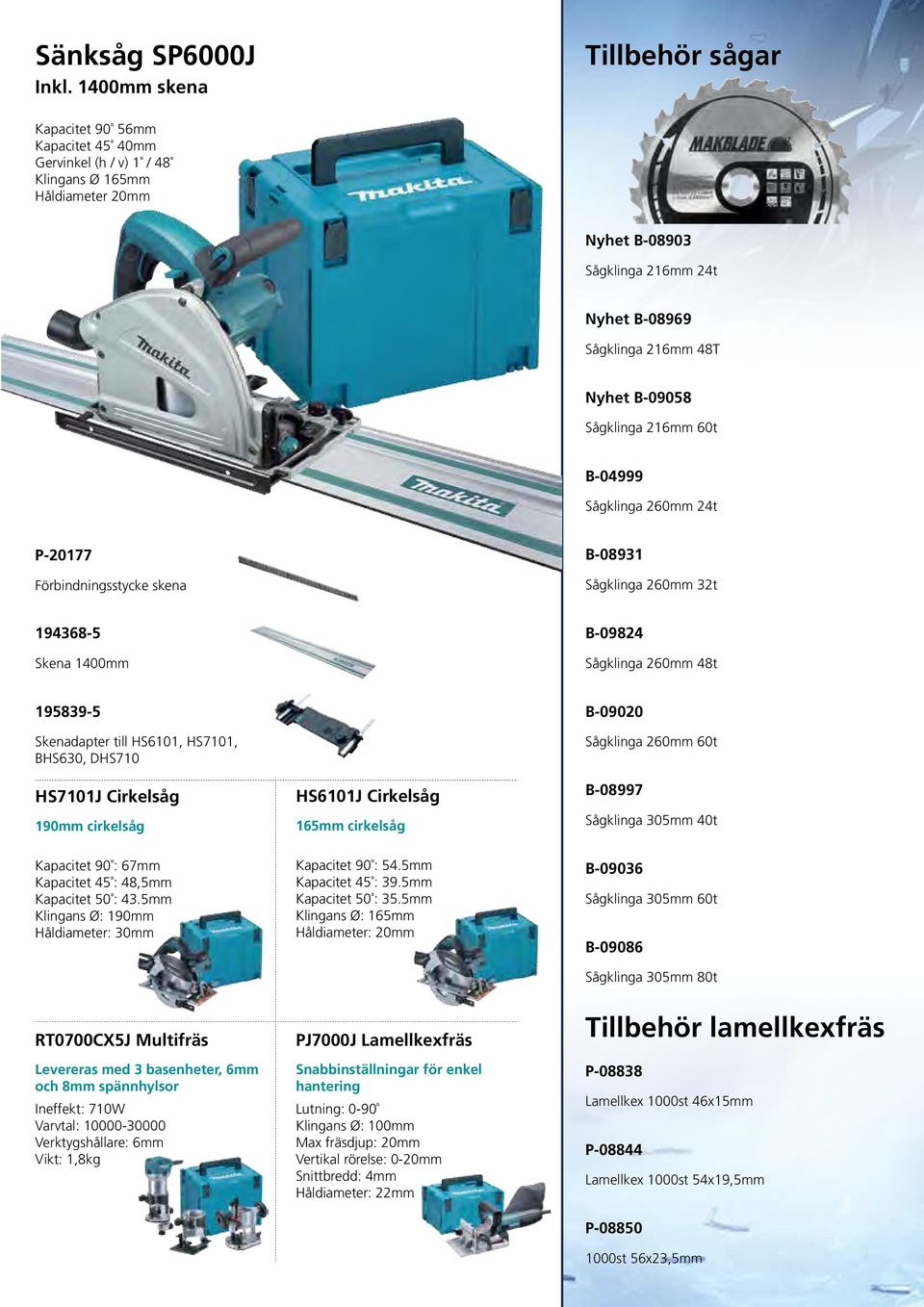 B-09058 Sågklinga 216mm 60t B-04999 Sågklinga 260mm 24t P-20177 Förbindningsstycke skena B-08931 Sågklinga 260mm 32t 194368-5 Skena 1400mm B-09824 Sågklinga 260mm 48t 195839-5 Skenadapter till