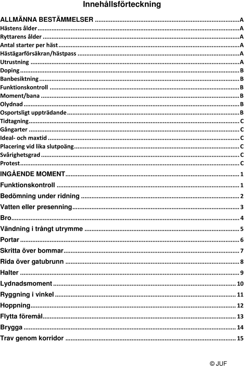 ..c Svårighetsgrad...C Protest...C INGÅENDE MOMENT... 1 Funktionskontroll... 1 Bedömning under ridning... 2 Vatten eller presenning... 3 Bro... 4 Vändning i trångt utrymme.