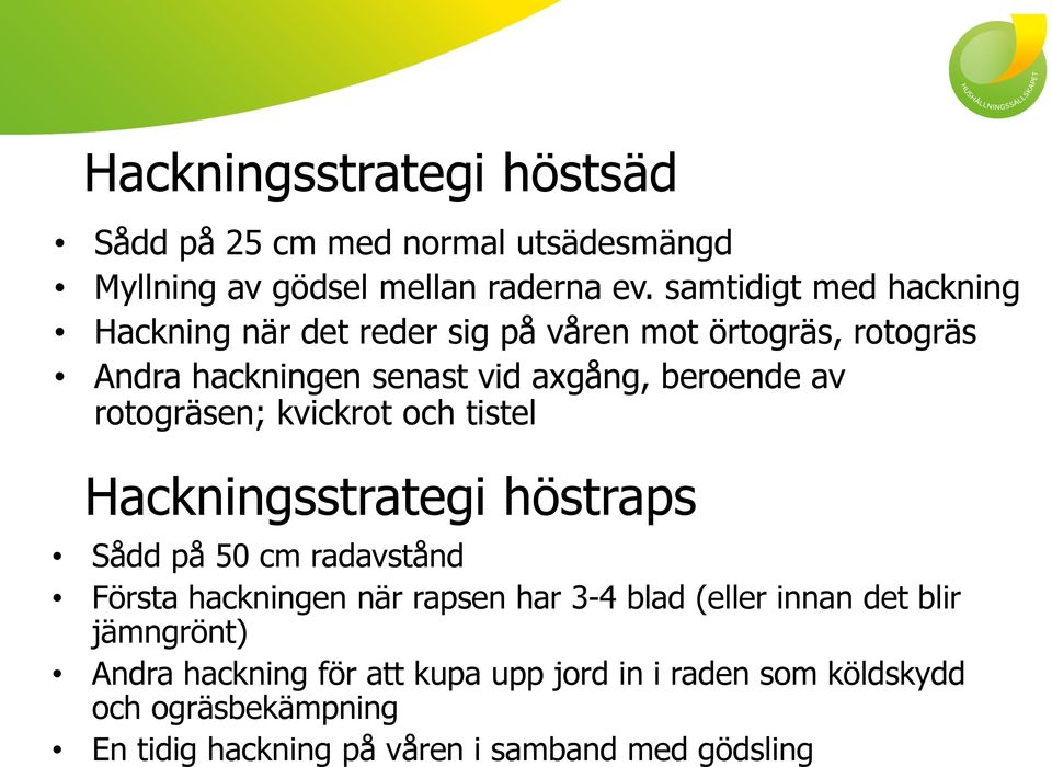 rotogräsen; kvickrot och tistel Hackningsstrategi höstraps Sådd på 50 cm radavstånd Första hackningen när rapsen har 3-4 blad