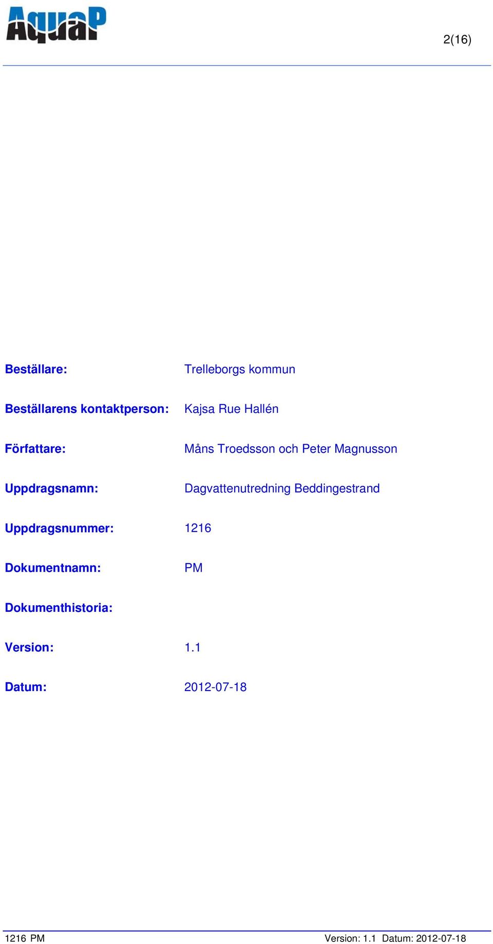Dagvattenutredning Beddingestrand Uppdragsnummer: 1216 Dokumentnamn: PM