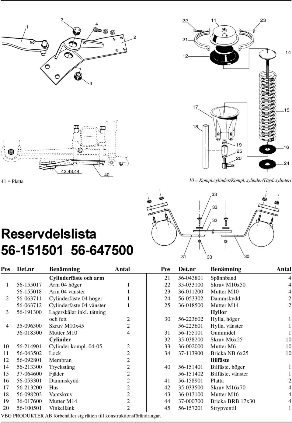 nr Benämning Antal Cylinderfäste och arm 1 56-155017 Arm 04 höger 1 56-155018 Arm 04 vänster 1 2 56-063711 Cylinderfäste 04 höger 1 56-063712 Cylinderfäste 04 vänster 1 3 56-191300 Lagerskålar inkl.