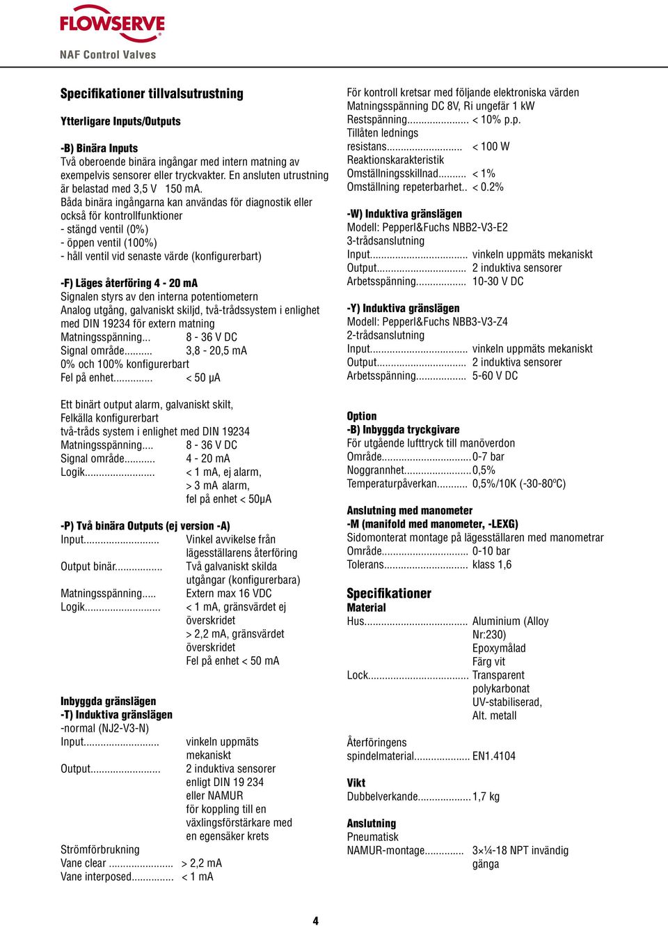 Båda binära ingångarna kan användas för diagnostik eller också för kontrollfunktioner - stängd ventil (0%) - öppen ventil (100%) - håll ventil vid senaste värde (konfigurerbart) -F) Läges återföring