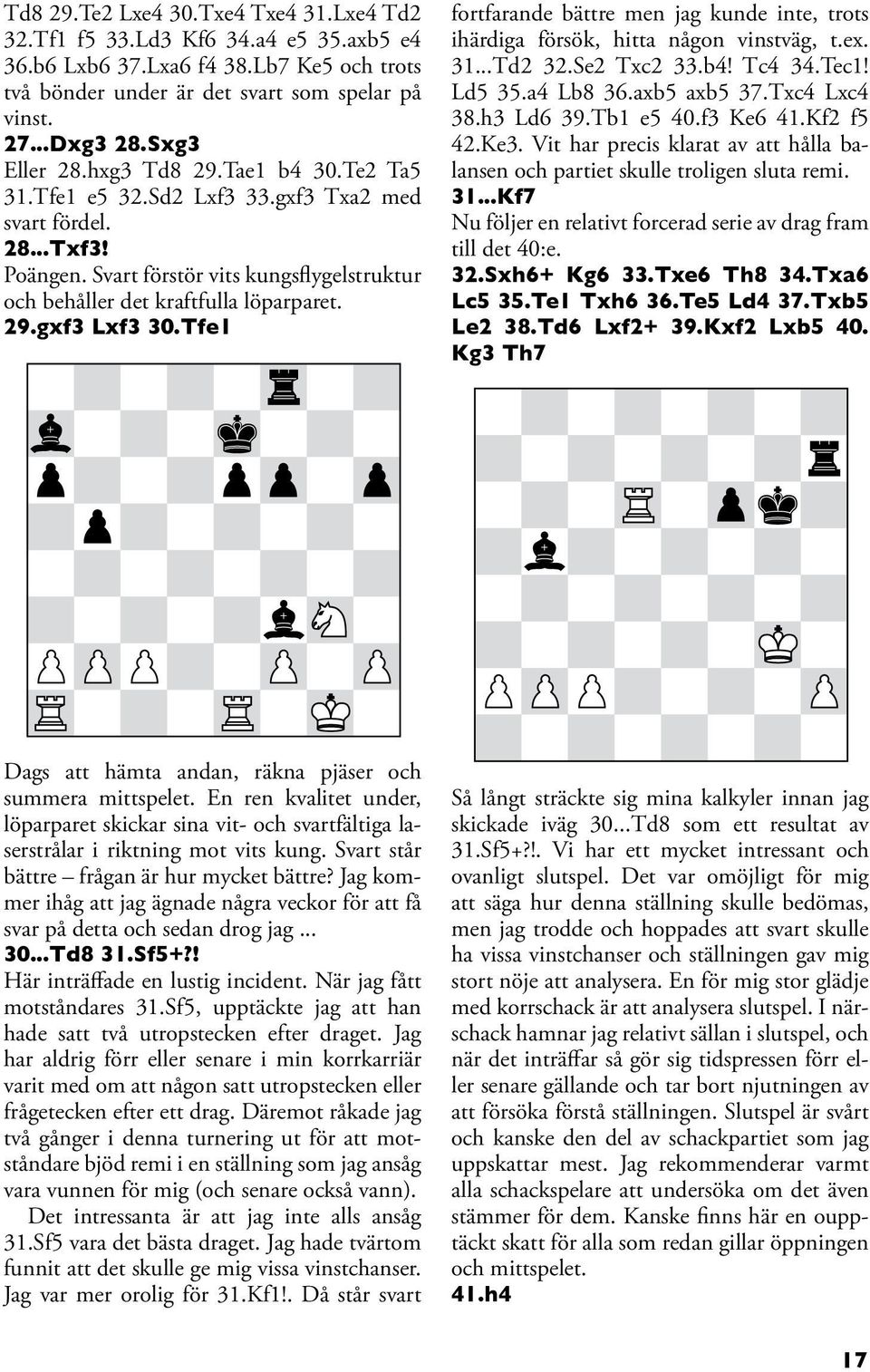 29.gxf3 Lxf3 30.Tfe1 fortfarande bättre men jag kunde inte, trots ihärdiga försök, hitta någon vinstväg, t.ex. 31...Td2 32.Se2 Txc2 33.b4! Tc4 34.Tec1! Ld5 35.a4 Lb8 36.axb5 axb5 37.Txc4 Lxc4 38.