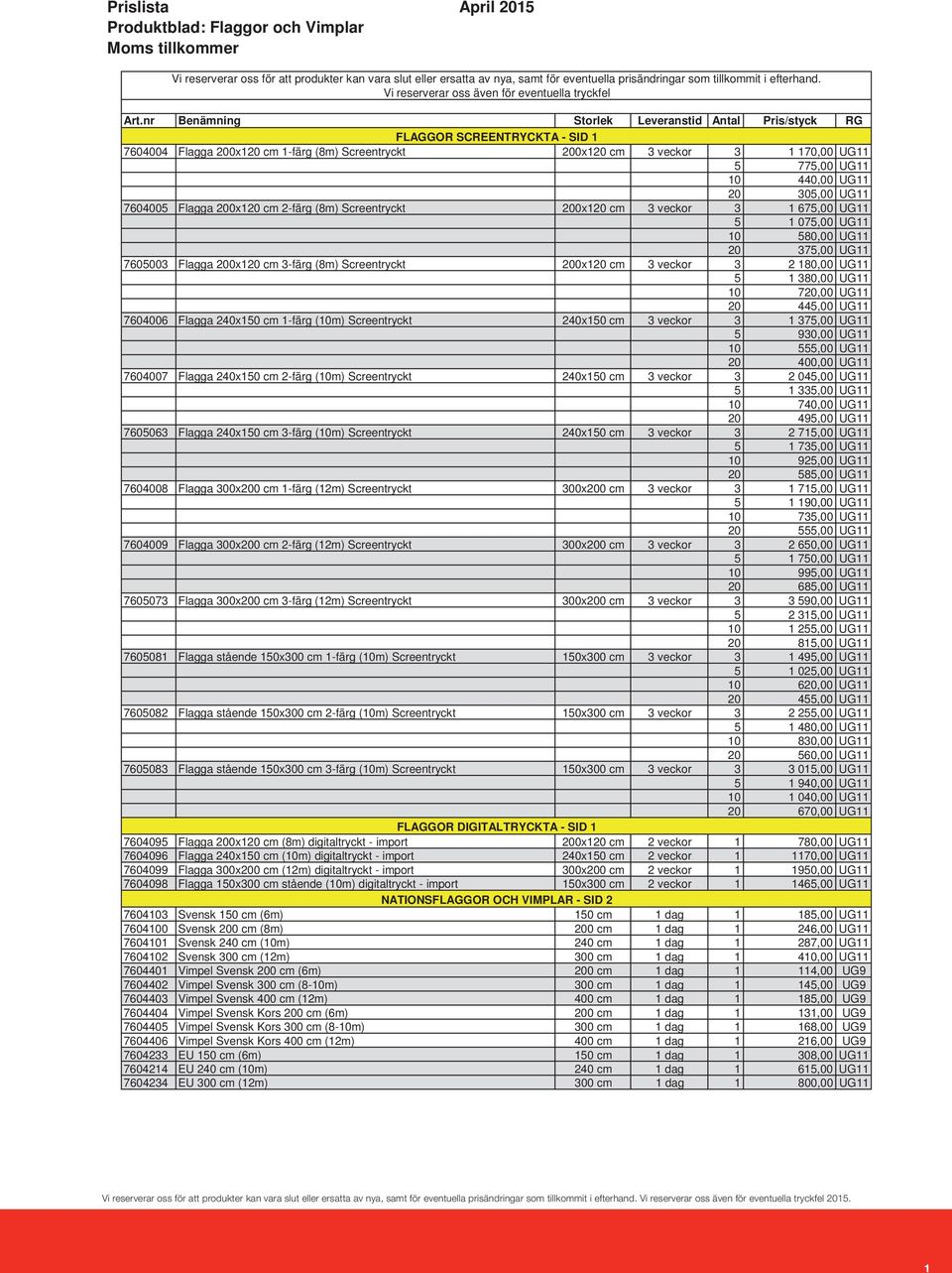nr Benämning Storlek Leveranstid Antal Pris/styck RG FLAGGOR SCREENTRYCKTA - SID 1 7604004 Flagga 200x120 cm 1-färg (8m) Screentryckt 200x120 cm 3 veckor 3 1 170,00 UG11 5 775,00 UG11 10 440,00 UG11