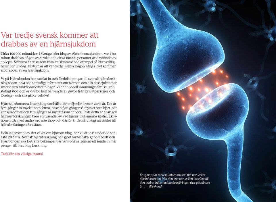 Vi på Hjärnfonden har samlat in och fördelat pengar till svensk hjärnforskning sedan 1994 och samtidigt informerat om hjärnan och alla dess sjukdomar, skador och funktionsnedsättningar.
