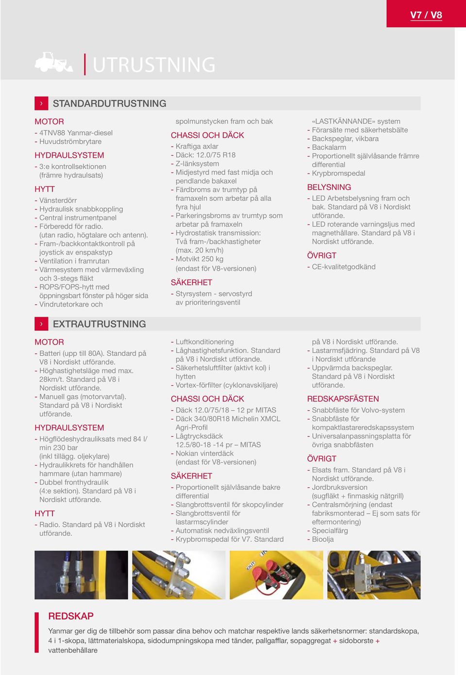 - Fram-/backkontaktkontroll på joystick av enspakstyp - Ventilation i framrutan - Värmesystem med värmeväxling och 3-stegs fläkt - ROPS/FOPS-hytt med öppningsbart fönster på höger sida -