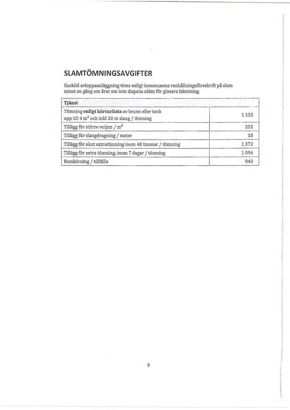 ista av brunn ell er tank 1133 upp till 4 m' och inkl20 m slang / tömning Tillägg för större volym / m' 252 ---------- Tillägg för