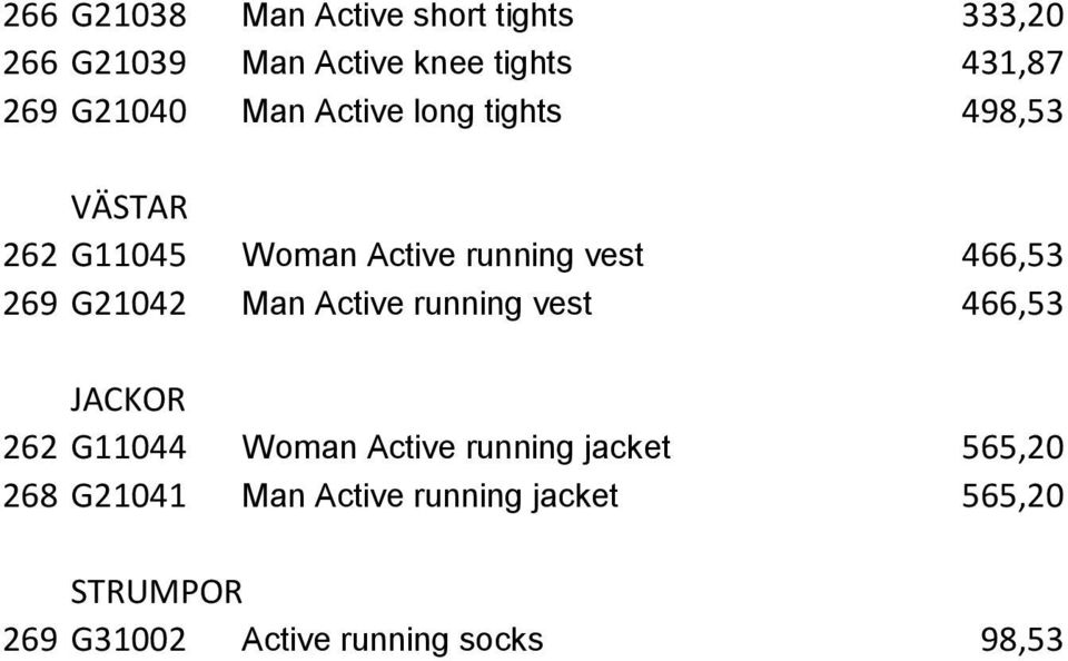 269 G21042 Man Active running vest 466,53 JACKOR 262 G11044 Woman Active running jacket