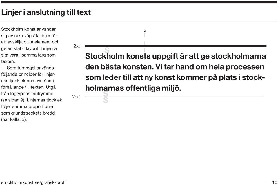 Utgå från logtypens friutrymme (se sidan 9). Linjernas tjocklek följer samma proportioner som grundstreckets bredd (här kallat x).