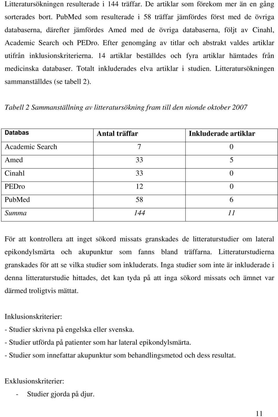 Efter genomgång av titlar och abstrakt valdes artiklar utifrån inklusionskriterierna. 14 artiklar beställdes och fyra artiklar hämtades från medicinska databaser.