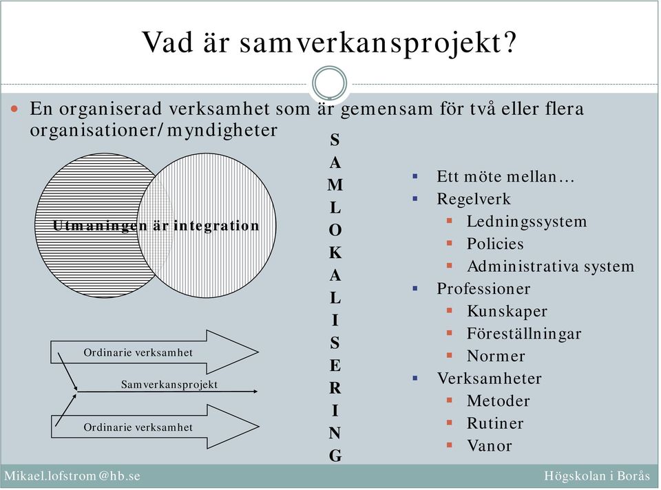 Utmaningen är integration Ordinarie verksamhet Samverkansprojekt Ordinarie verksamhet S A M L O