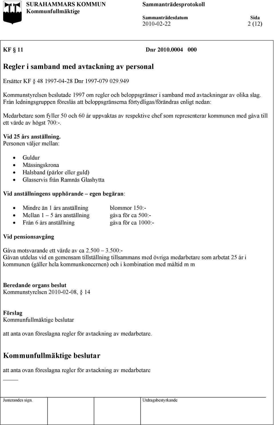 Från ledningsgruppen föreslås att beloppsgränserna förtydligas/förändras enligt nedan: Medarbetare som fyller 50 och 60 år uppvaktas av respektive chef som representerar kommunen med gåva till ett