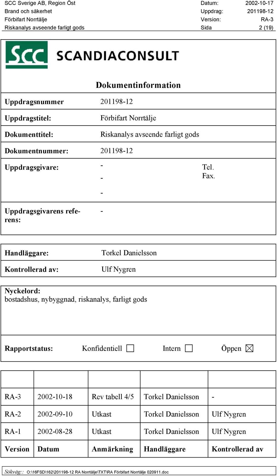 - Uppdragsgivarens referens: - Handläggare: Kontrollerad av: Torkel Danielsson Ulf Nygren Nyckelord: bostadshus, nybyggnad, riskanalys, farligt gods Rapportstatus: Konfidentiell