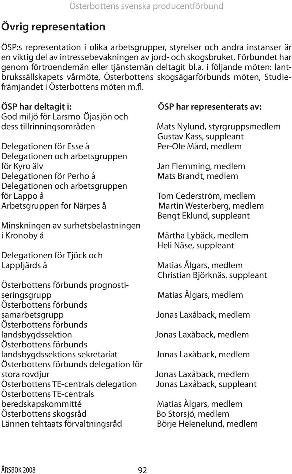 ÖSP har deltagit i: God miljö för Larsmo-Öjasjön och dess tillrinningsområden Delegationen för Esse å Delegationen och arbetsgruppen för Kyro älv Delegationen för Perho å Delegationen och