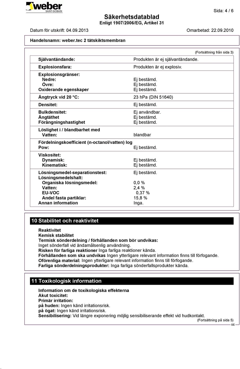 Dynamisk: Kinematisk: blandbar Lösningsmedel-separationstest: Lösningsmedelshalt: Organiska lösningsmedel: 0,0 % Vatten: 2,4 % EU-VOC 0,37 % Andel fasta partiklar: 15,8 % Annan information Inga.